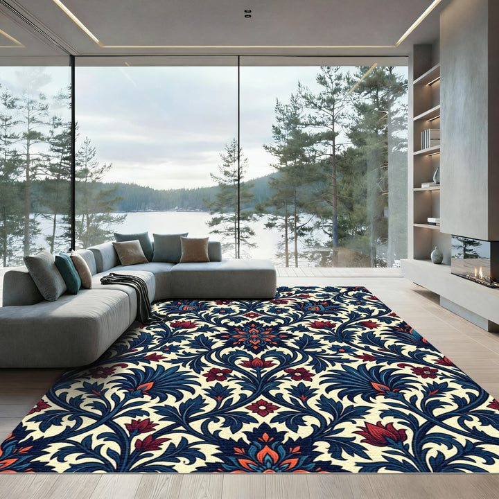 Crimson Blue Floral Paisley Medallion Rug