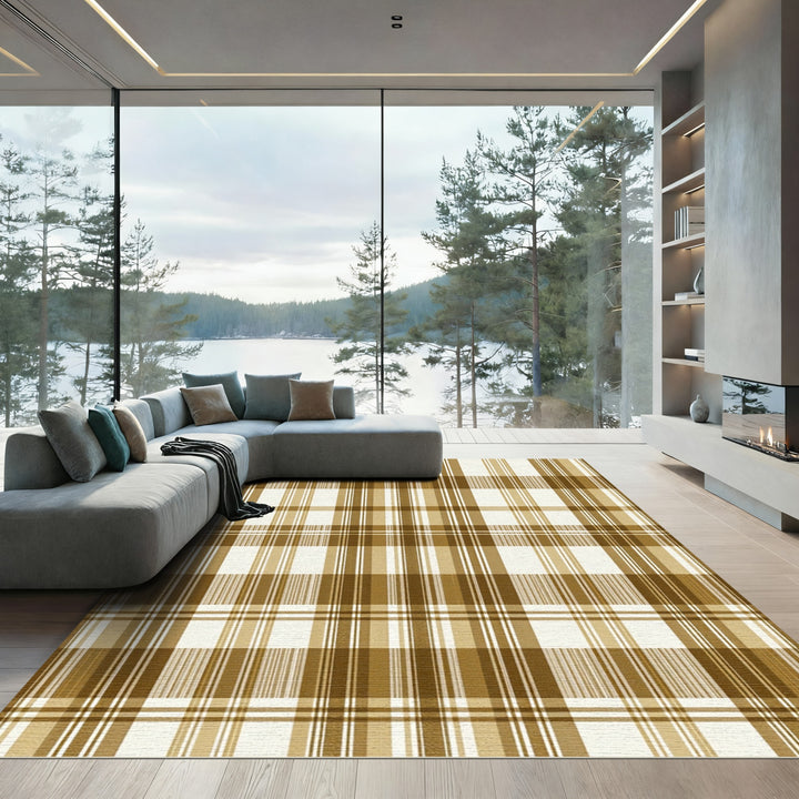 Brown Tan Plaid Tartan Rug