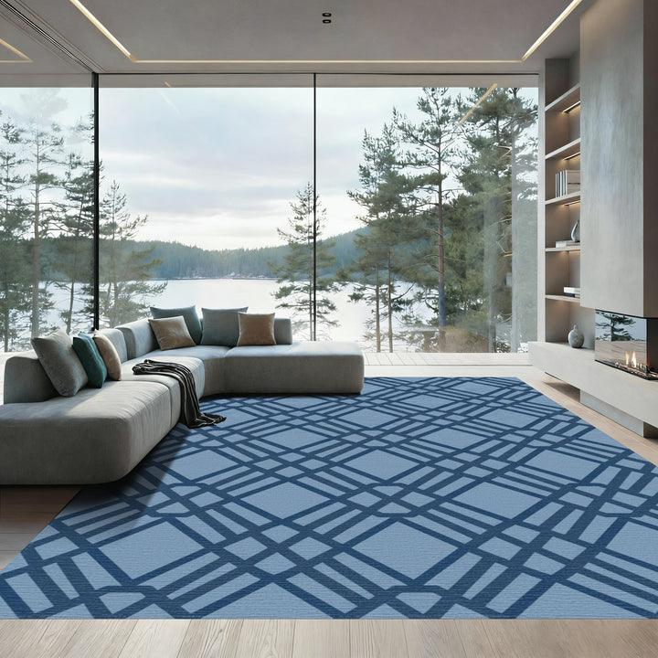 Deep Blue Intersecting Diamond Lattice Rug