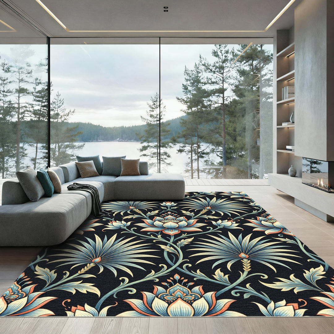 Ornate Teal Floral Fan Medallion Rug