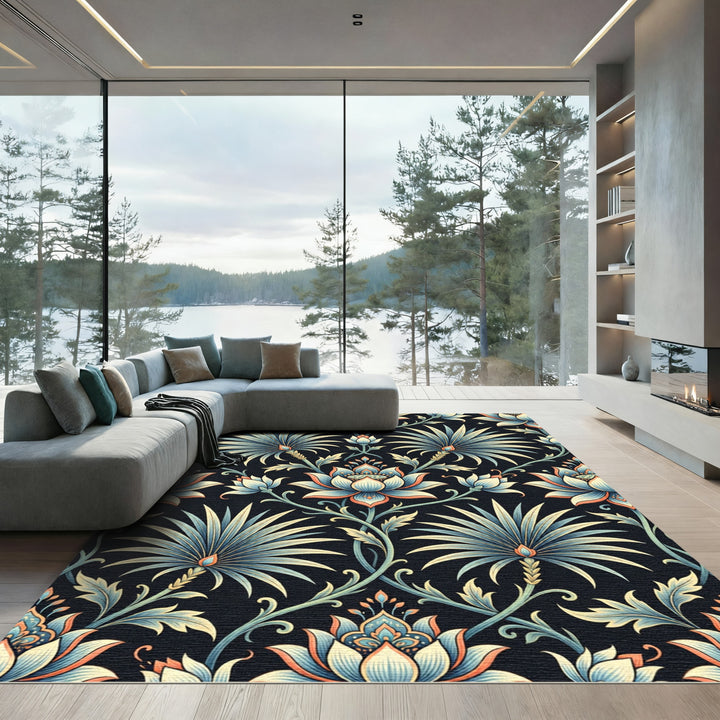 Ornate Teal Floral Fan Medallion Rug