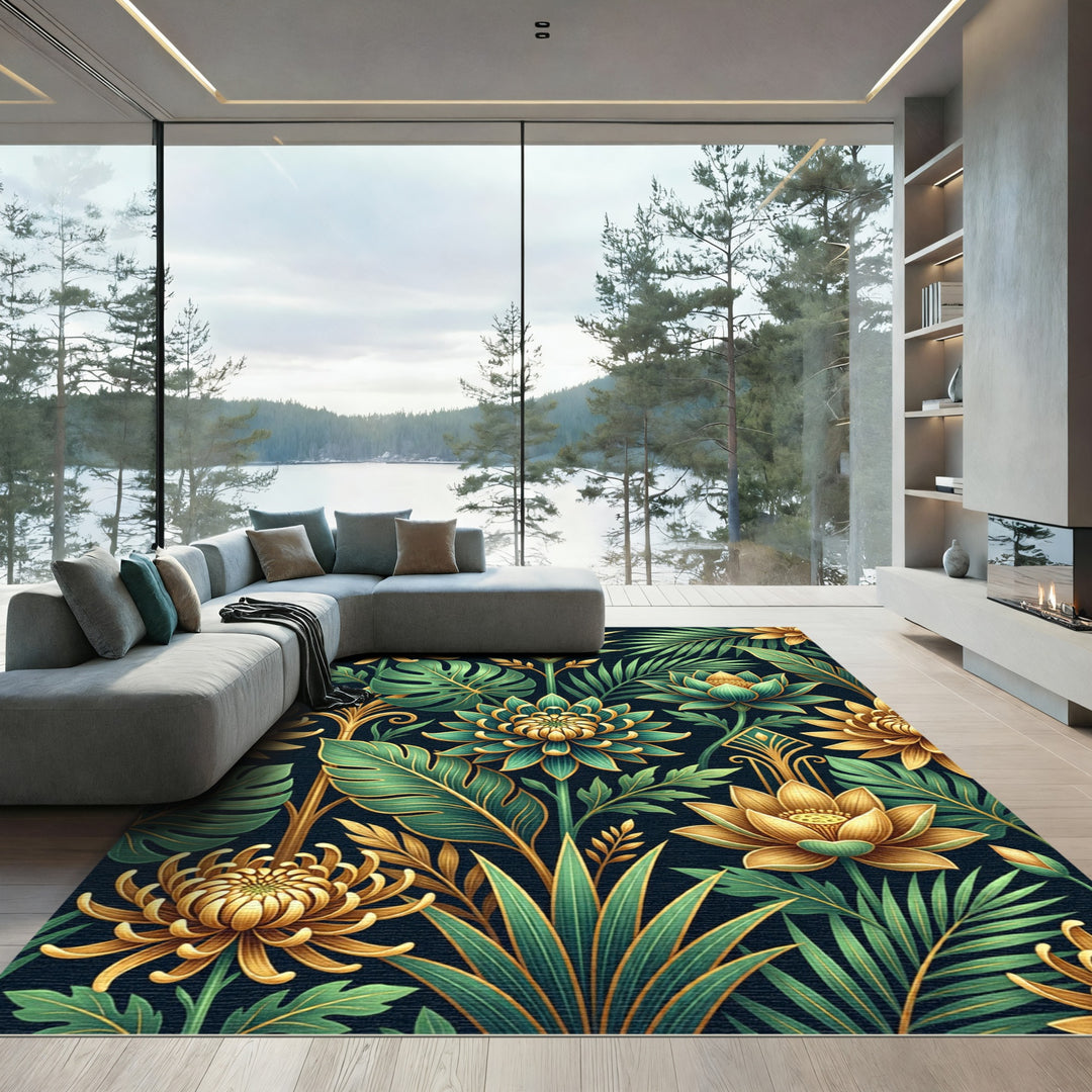 Art Deco Gold Green Floral Leaves Rug