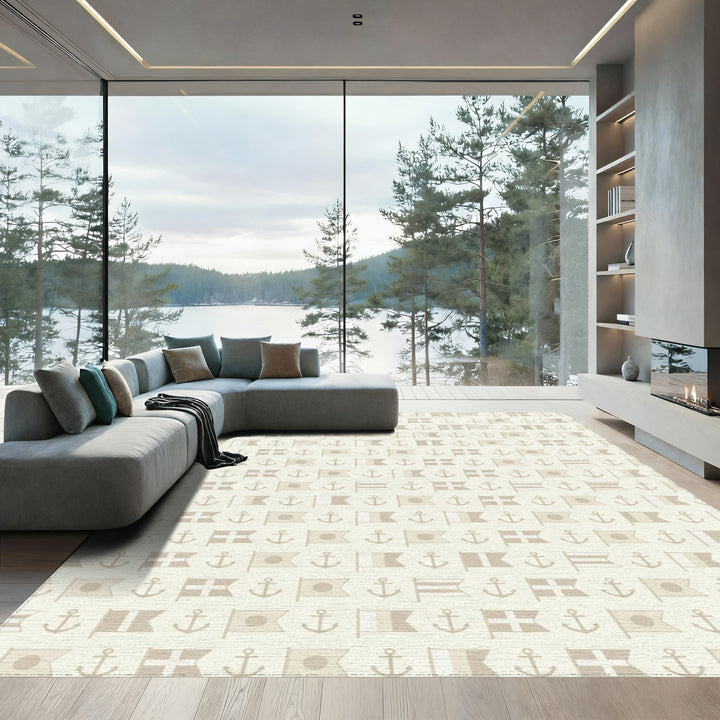 Nautical Flag Anchor Repeat Beige Rug