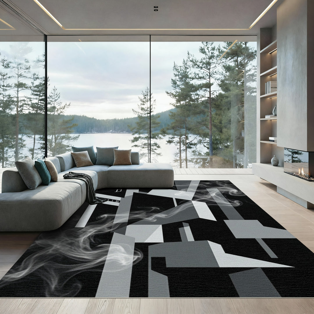 Monochromatic Abstract Geometric Smoke Rug