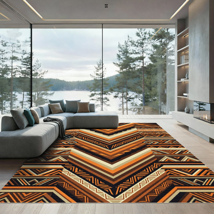 Geometric Tribal Orange Brown Black Rug