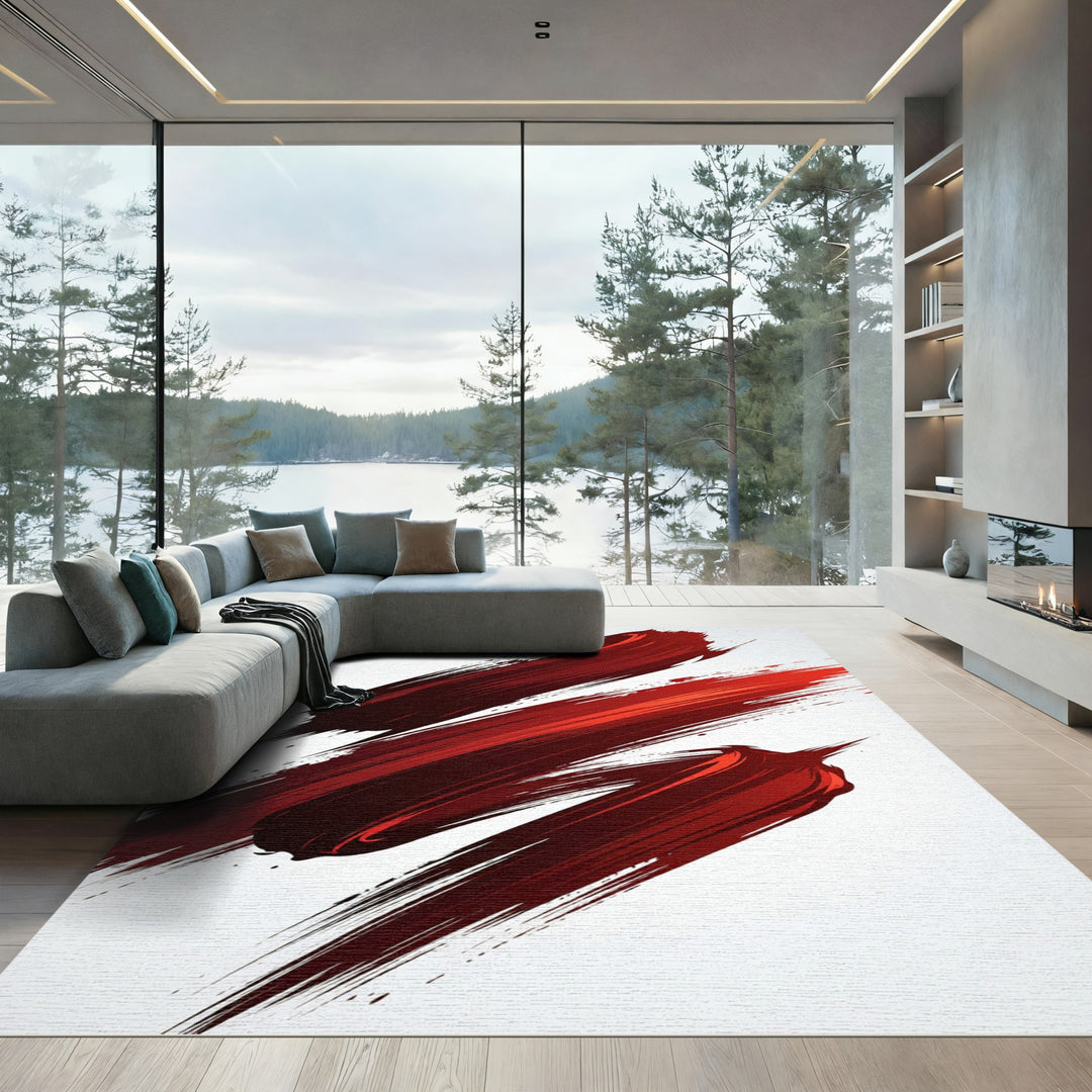 Bold Crimson Brush Stroke Rug