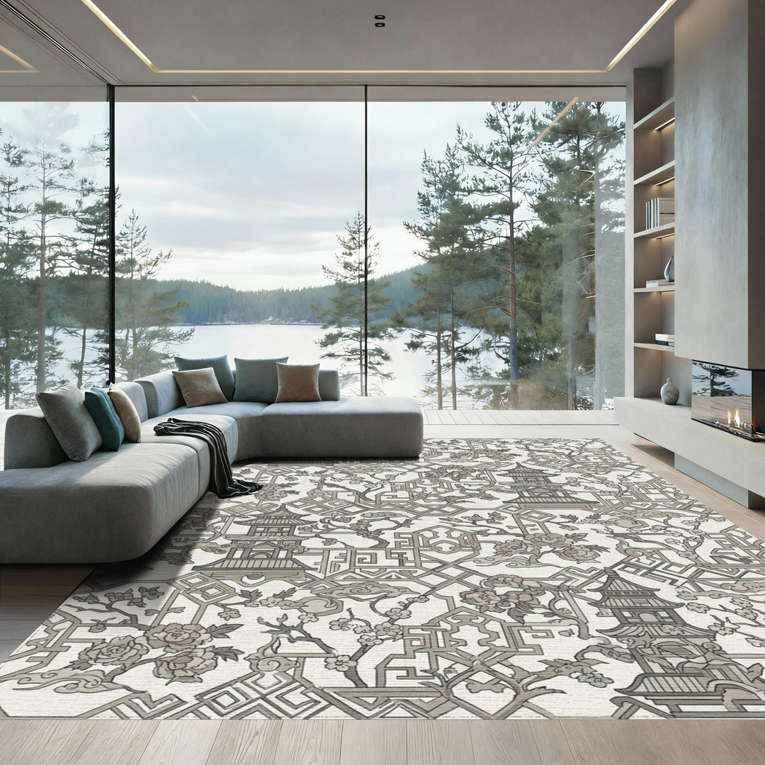 Gray Pagoda Floral Lattice Scene Rug