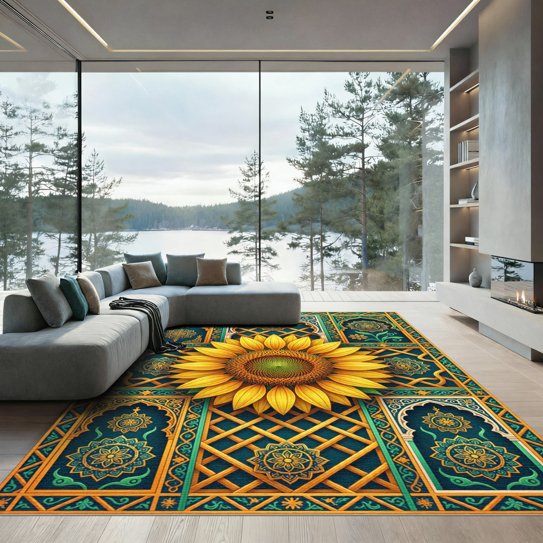 Golden Sunflower Mandalas Teal Rug