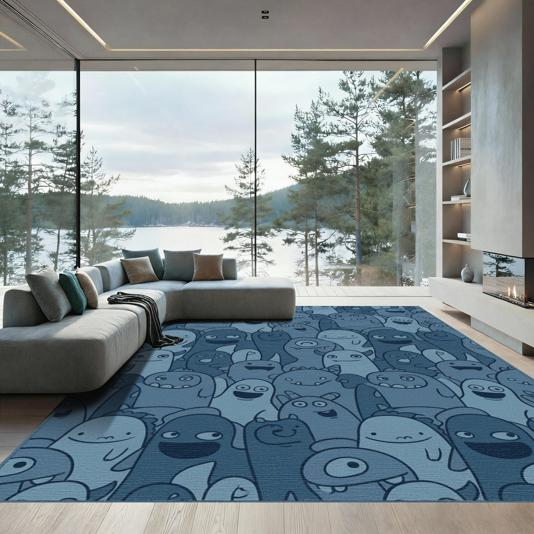 Whimsical Blue Monster Crowd Comical Art Rug
