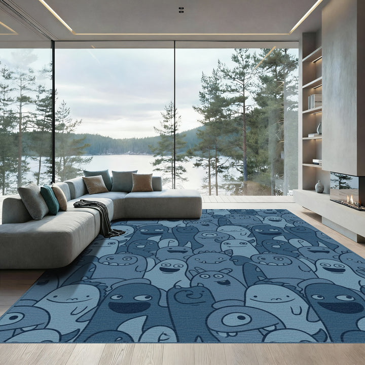 Whimsical Blue Monster Crowd Comical Art Rug