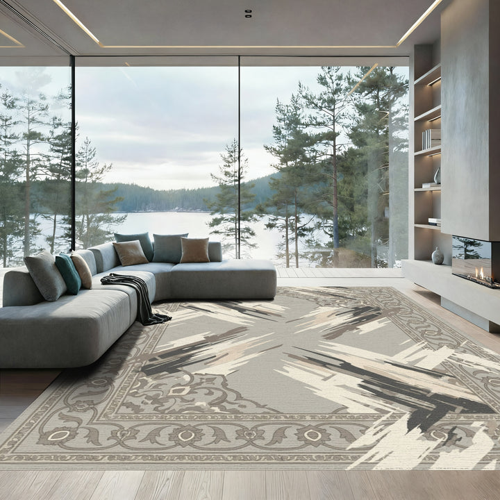Neutral Abstract Brushstroke Medallion Rug