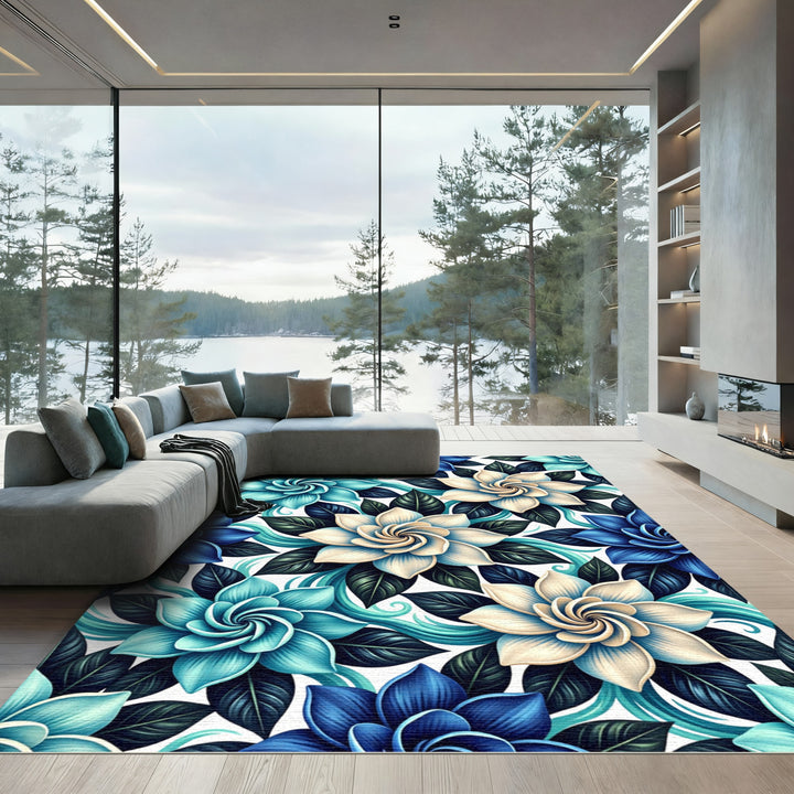 Chic Blue Floral Water Swirl Rug