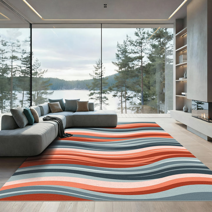 Coral and Gray Wavy Abstract Rug
