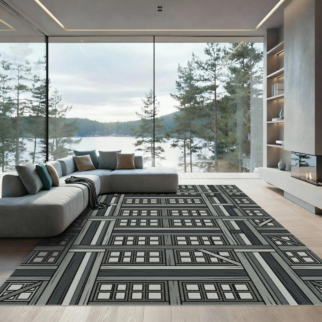 Dark Gray Industrial Wood Window Arrangement Rug