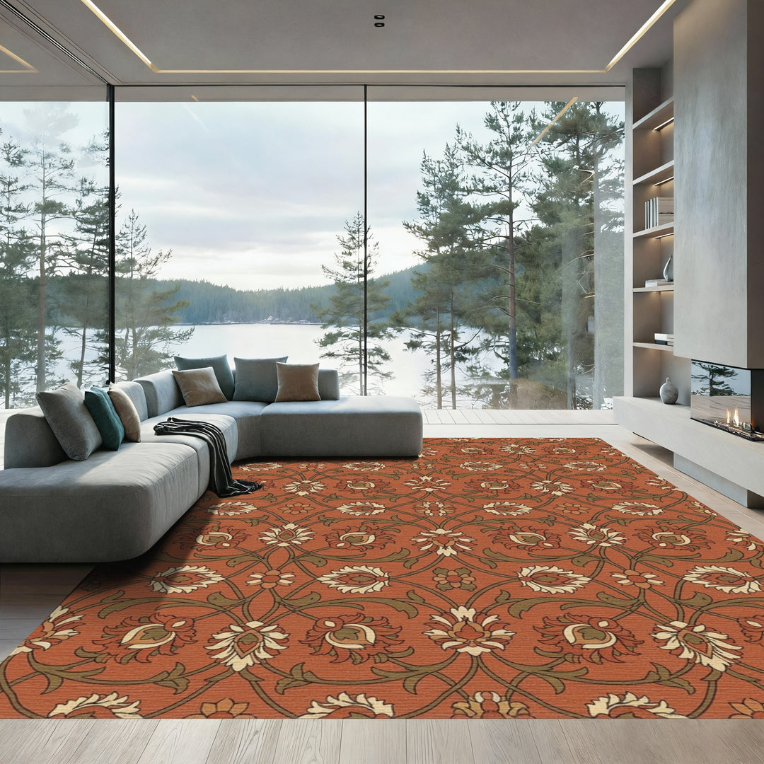Warm Terracotta Floral Lattice Rug