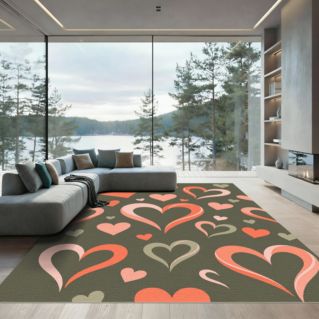 Coral And Gray Hearts Rug