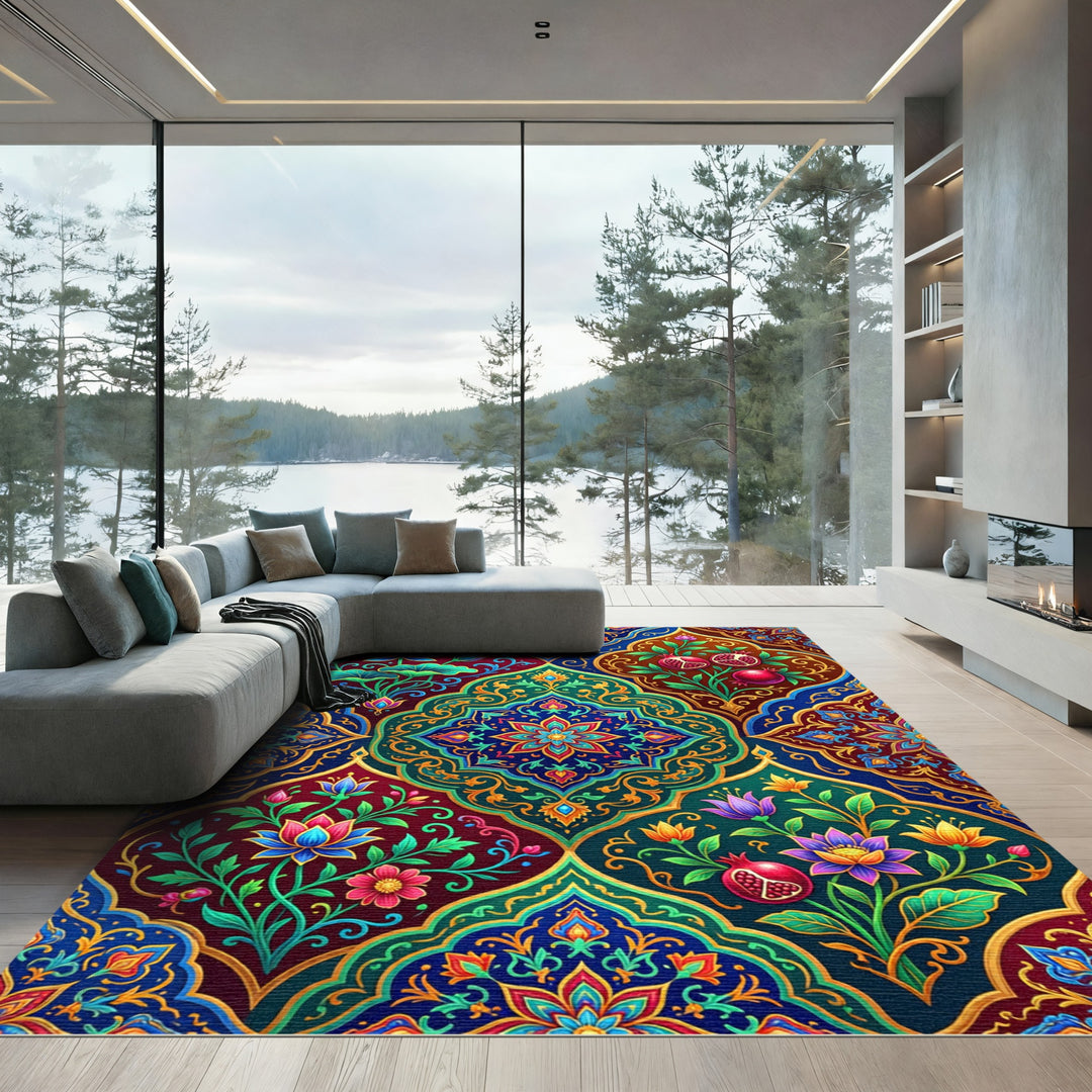 Rich Jewel Toned Floral Pomegranate Medallion Rug