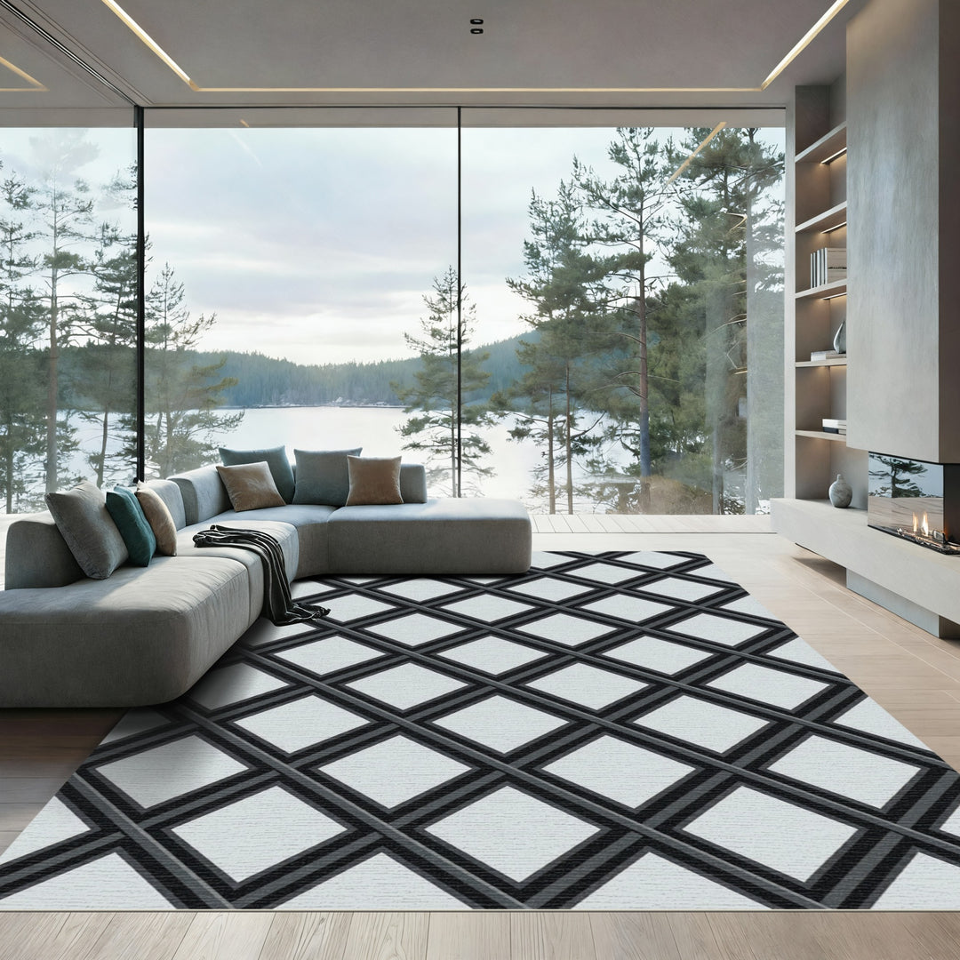 Geometric Black Gray Diamond Lattice Rug