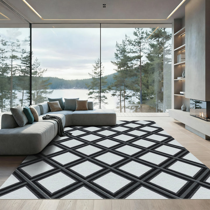 Geometric Black Gray Diamond Lattice Rug