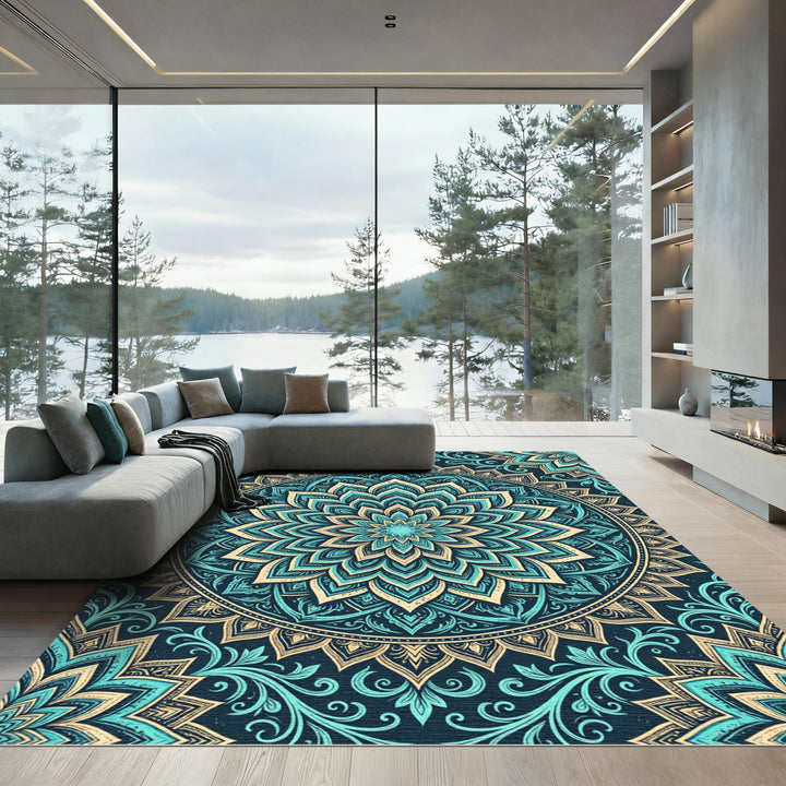 Teal Gold Intricate Mandala medallion Rug
