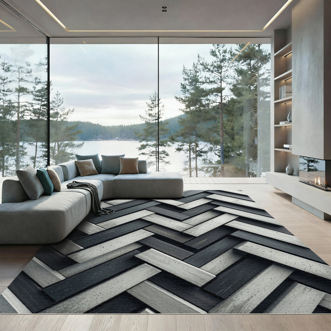 Monochromatic Wood Grain Herringbone Rug