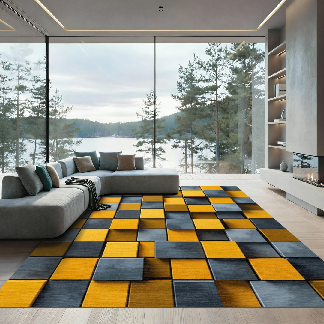 Modern Yellow Gray Cube Rug