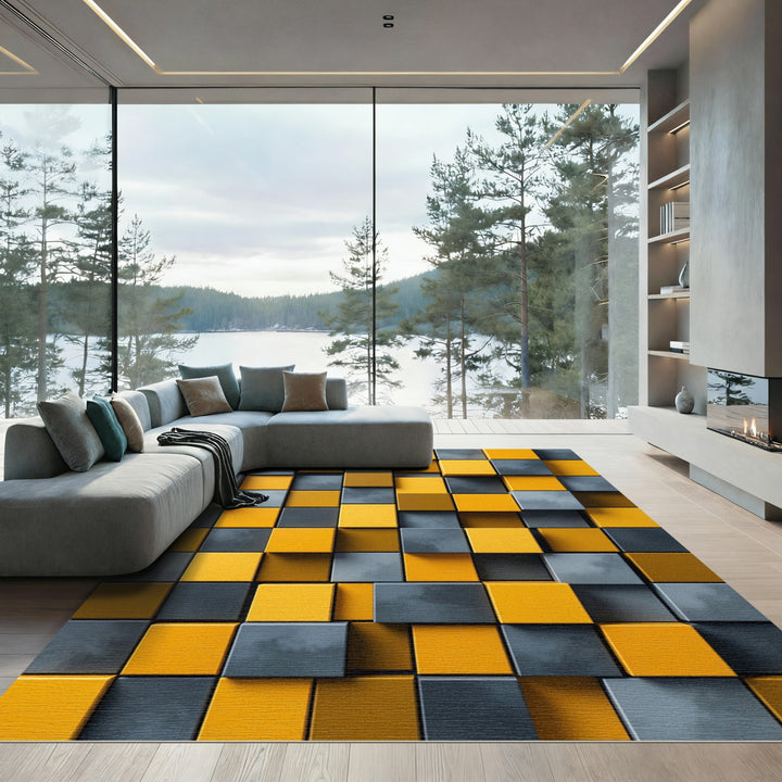 Modern Yellow Gray Cube Rug