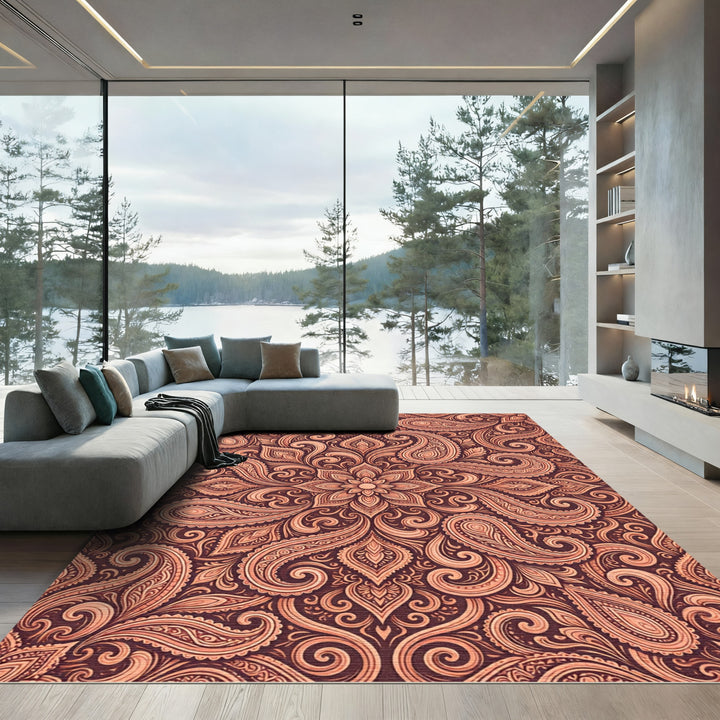 Ornate Copper Paisley Floral Composition Rug