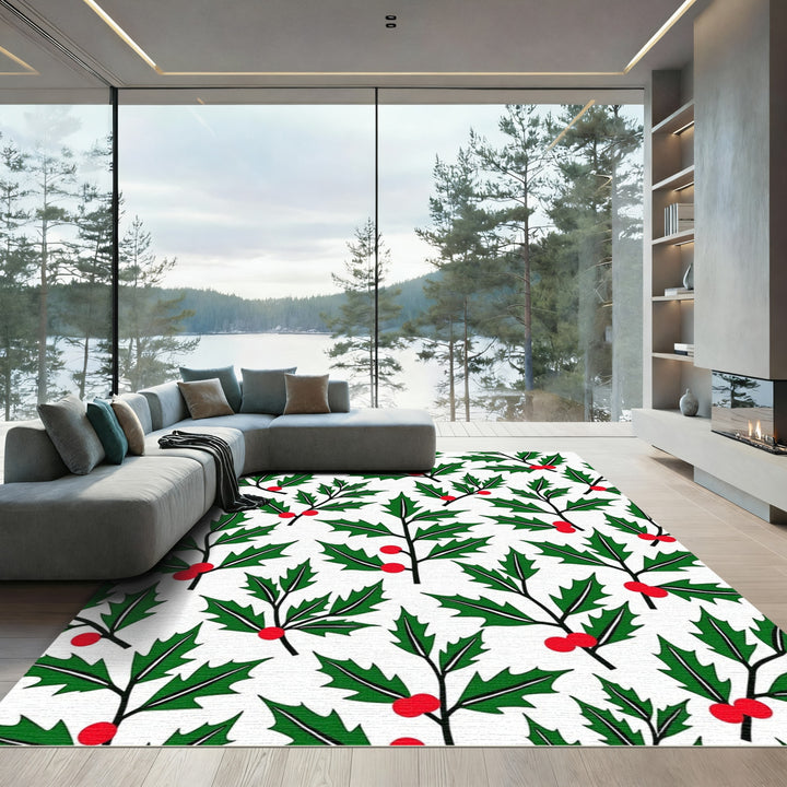 Festive Green Red Holly Sprig Rug