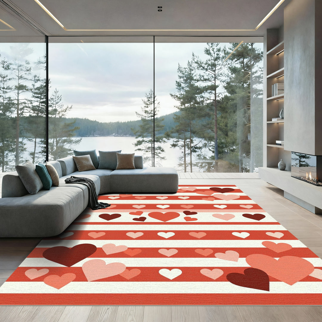 Whimsical Red White Hearts Stripes Rug