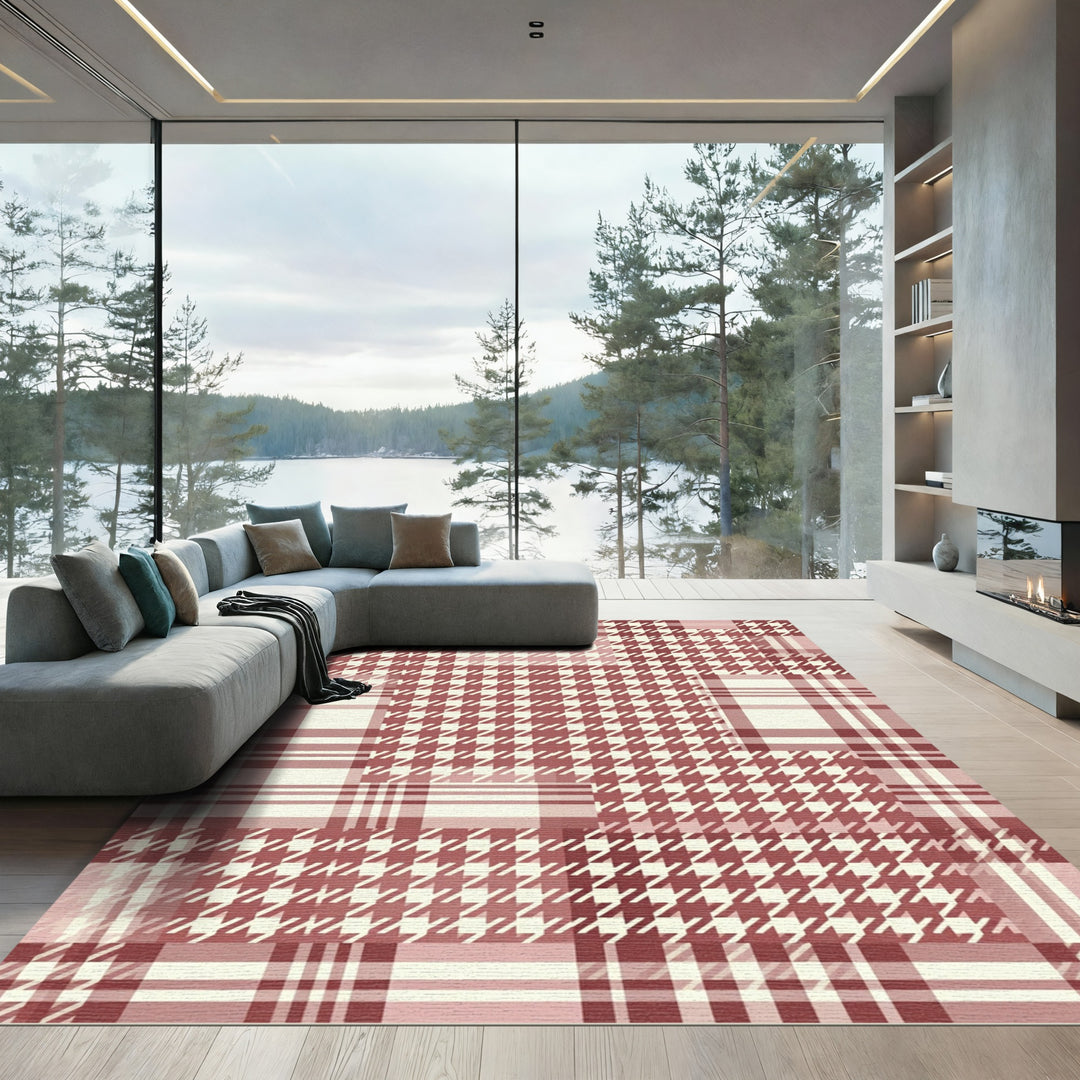 Red and Cream Houndstooth Patchwork Rug