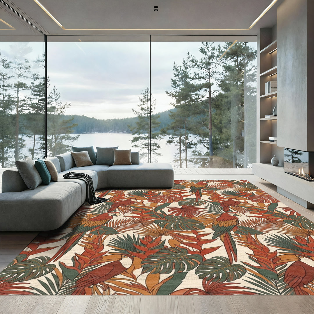 Earthy Tropical Macaw Foliage Garden Rug