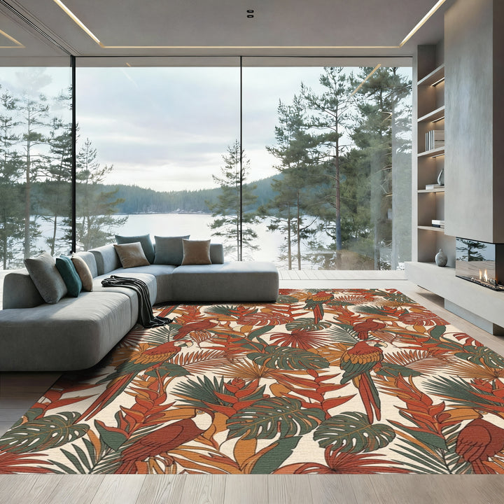 Earthy Tropical Macaw Foliage Garden Rug