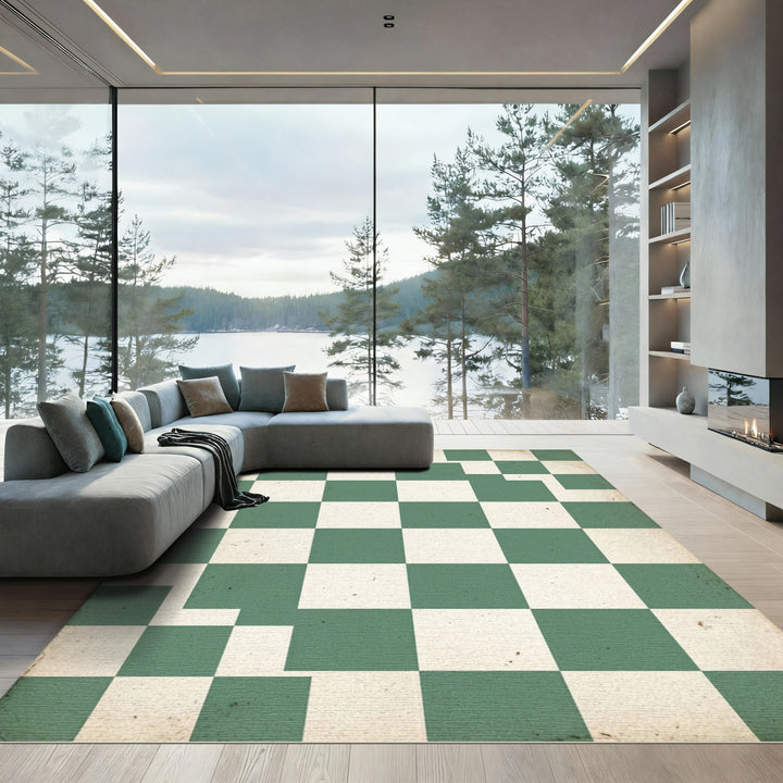 Green and White Checkered Vintage Rug
