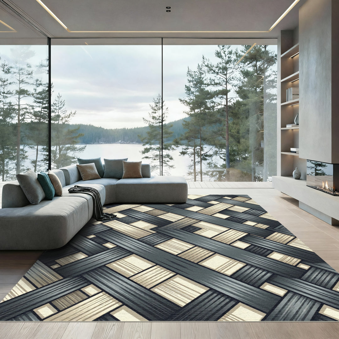 Deep Blue Woven Texture Interlock Rug