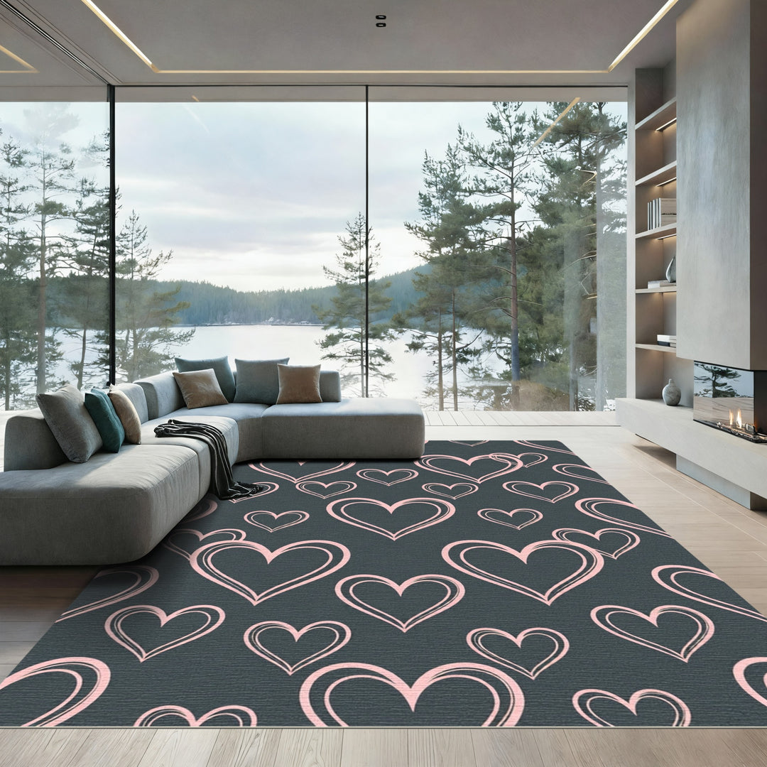 Blush Pink Hearts Dark Charcoal Background Rug
