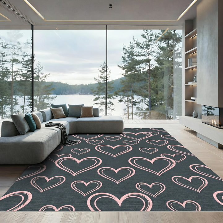 Blush Pink Hearts Dark Charcoal Background Rug