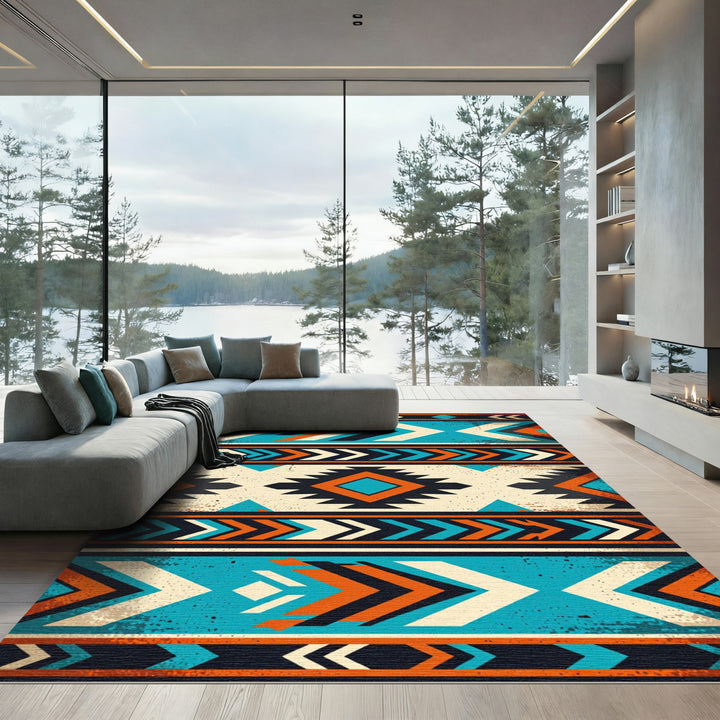 Bold Southwest Teal Orange Chevron Rug
