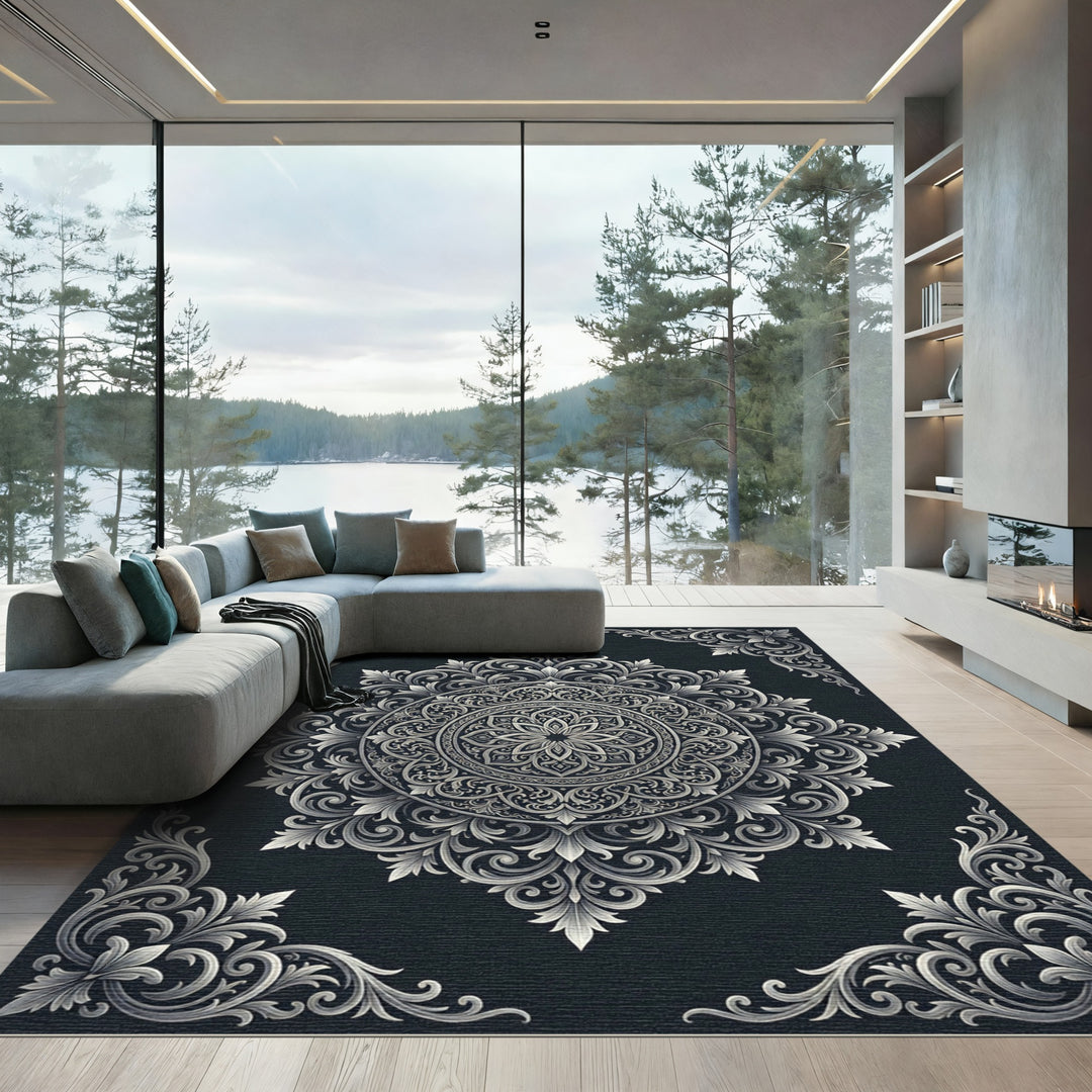 Ornate Black and White Mandala Rug