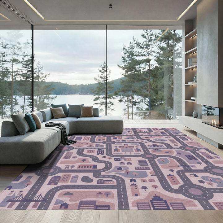 Urban Cityscape Street Map Amethyst Rug