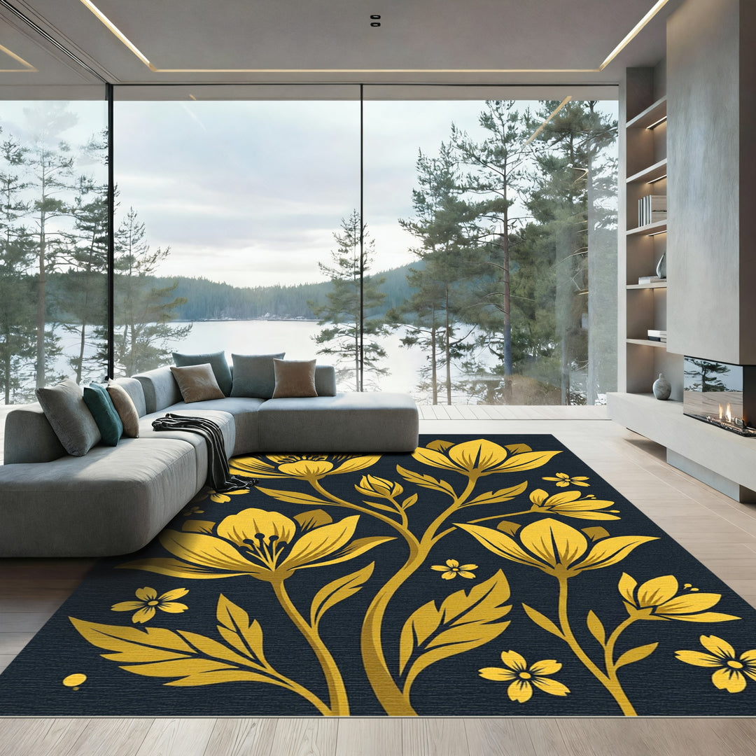 Elegant Gold Floral Botanical Rug