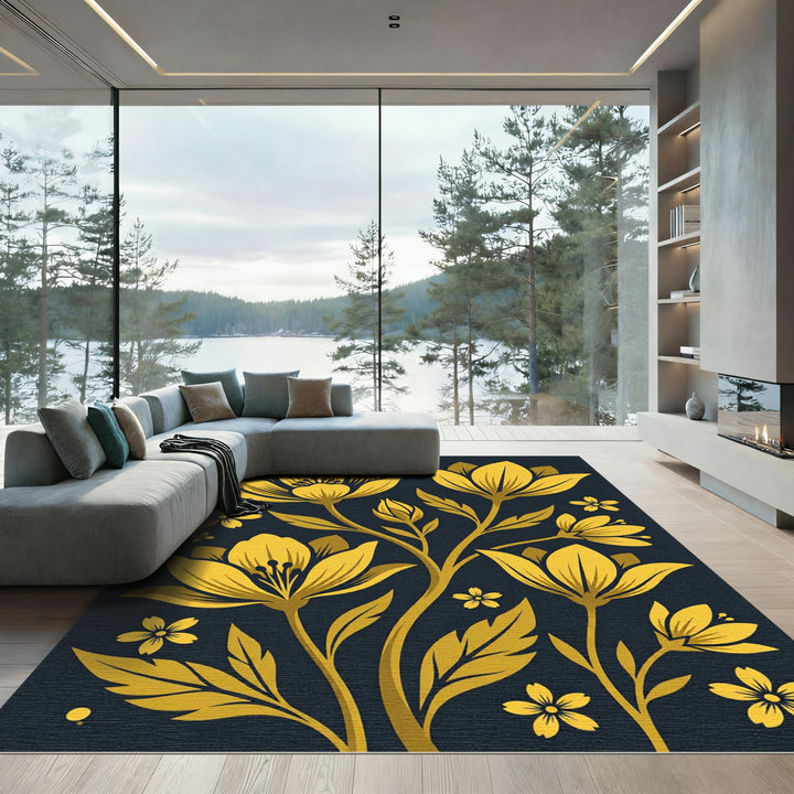 Elegant Gold Floral Botanical Rug