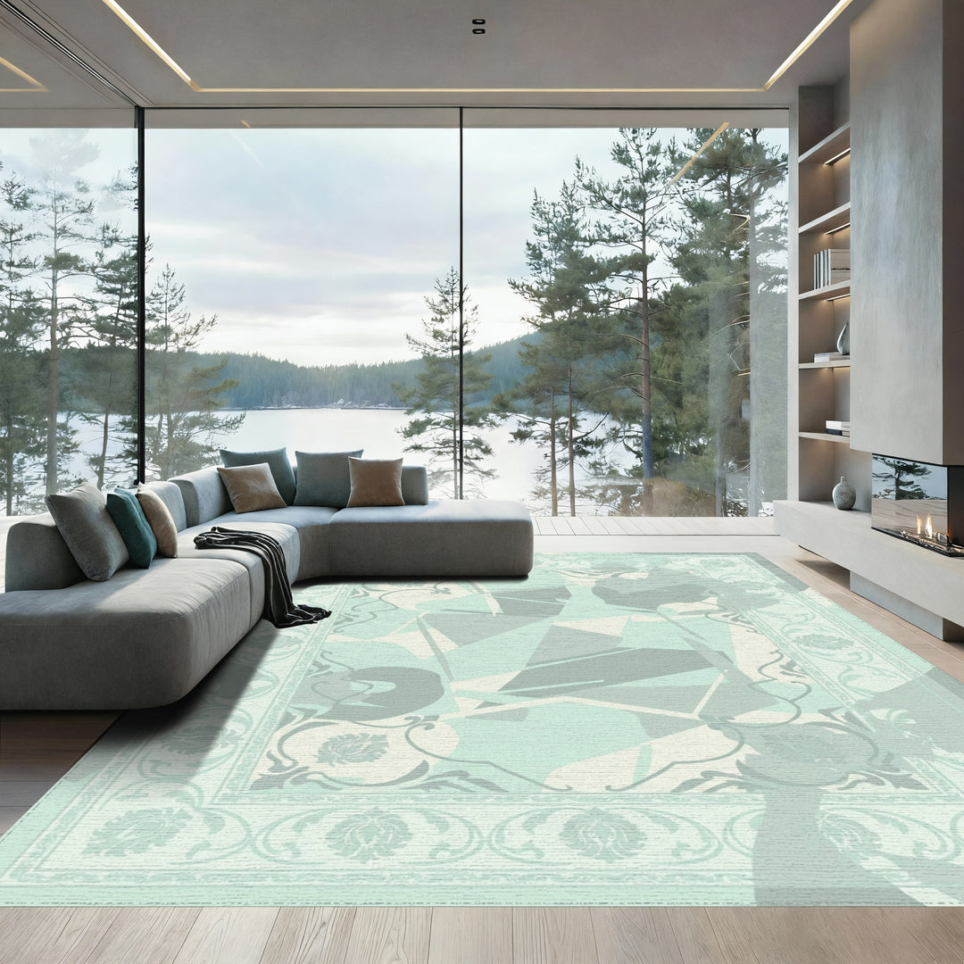 Soft Mint Floral Border Geometric Blend Rug