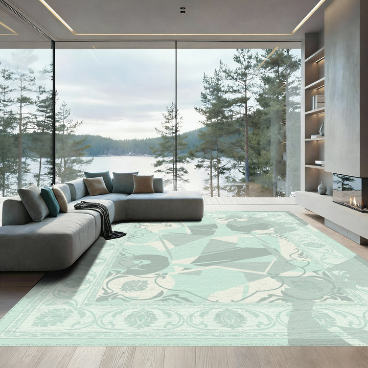 Soft Mint Floral Border Geometric Blend Rug