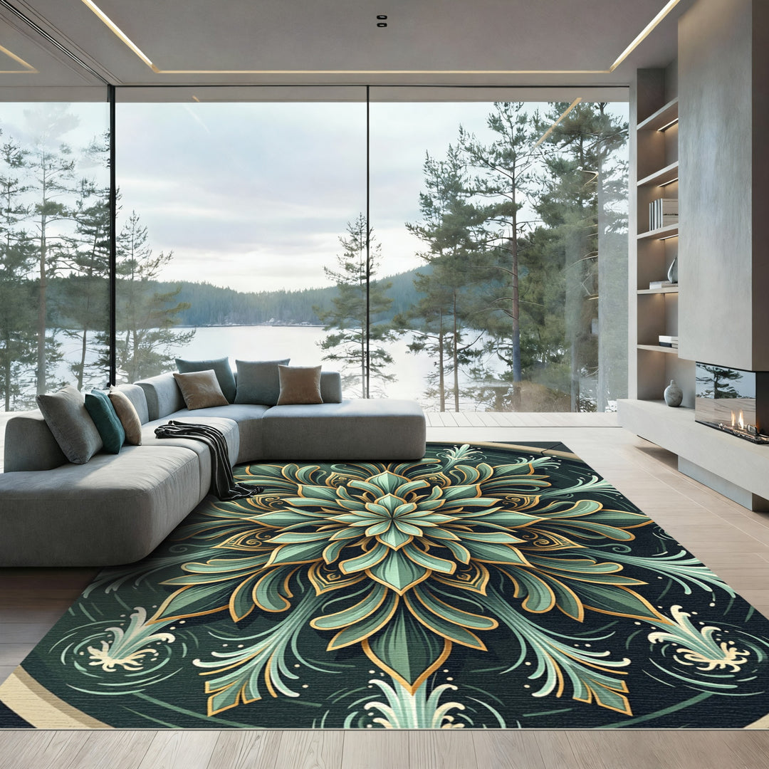 Teal Gold Floral Mandala Burst Rug
