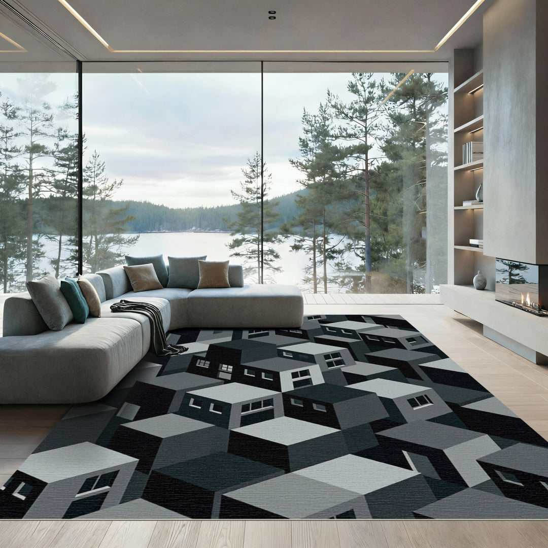 Monochromatic Isometric Cityscape Rug