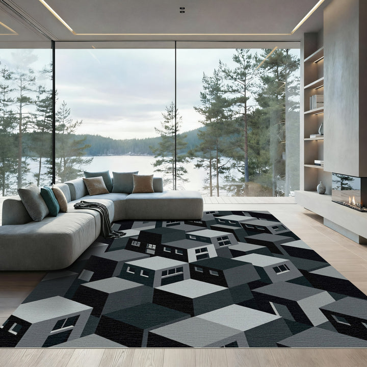 Monochromatic Isometric Cityscape Rug