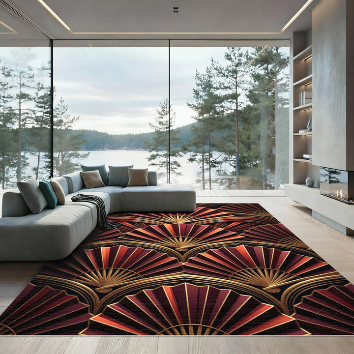 Crimson Gold Fan Art Deco Rug