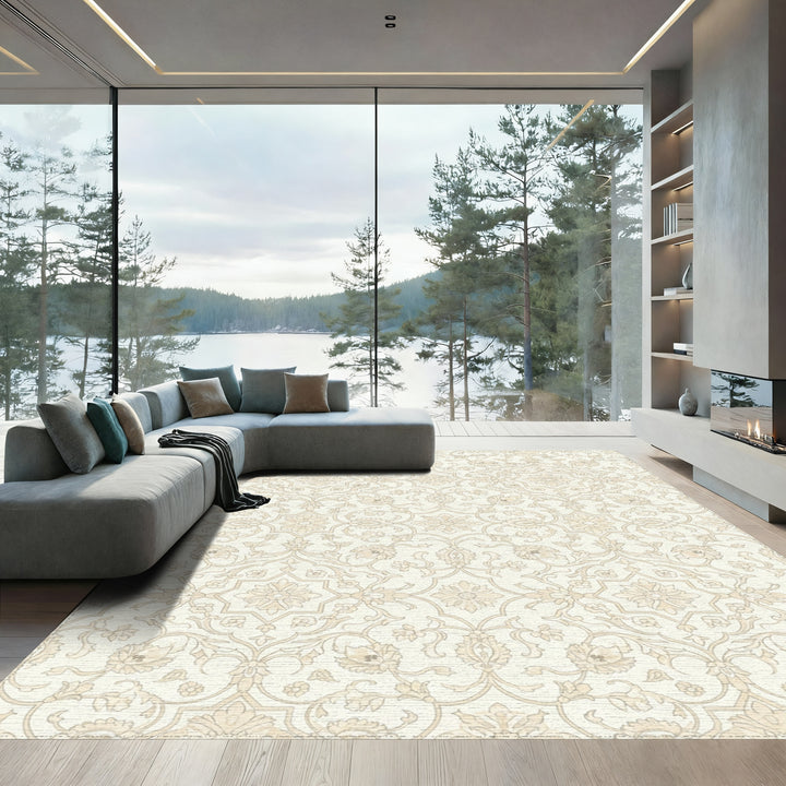 Cream Floral Geometric Medallion Rug