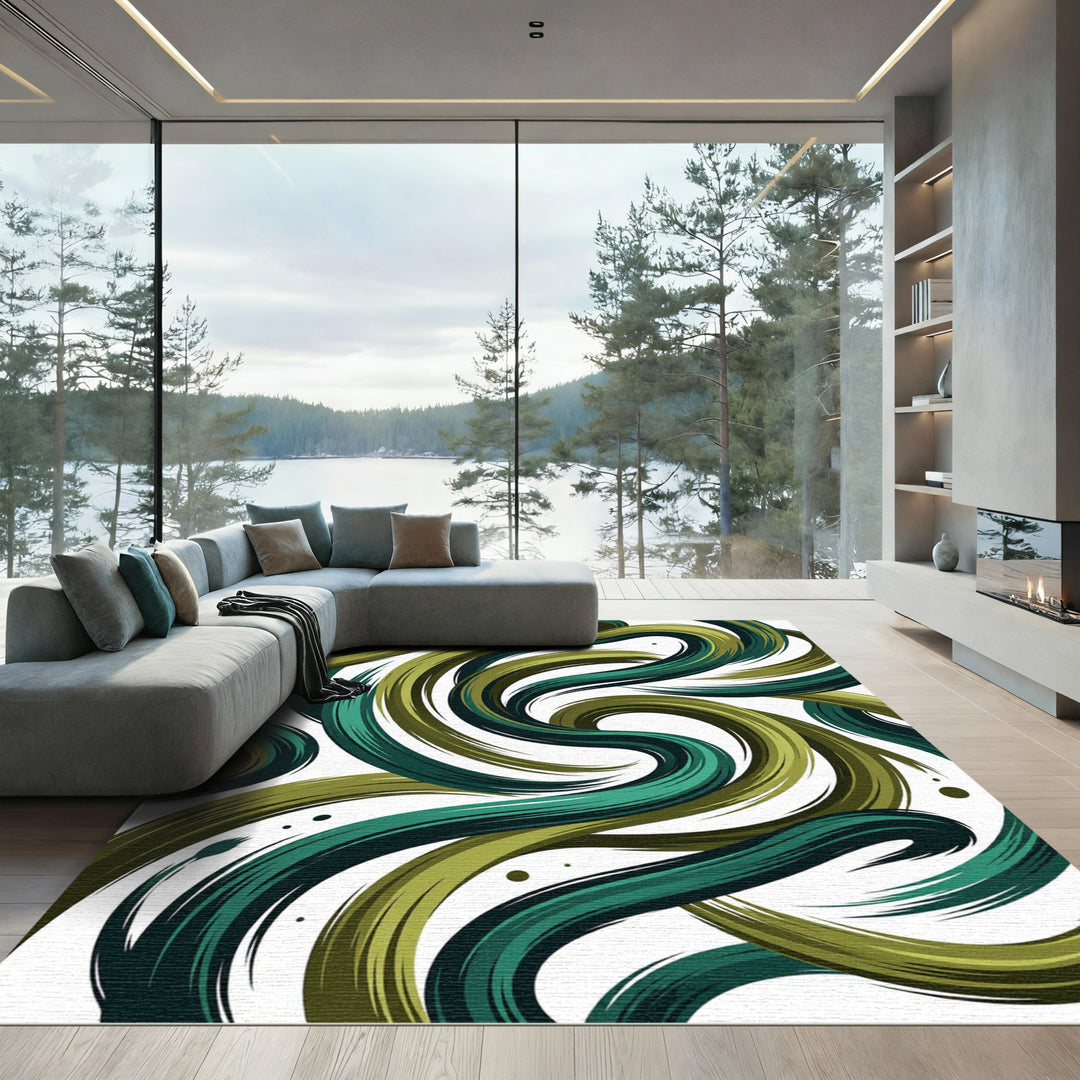 Abstract Swirl Brushstroke Green Rug